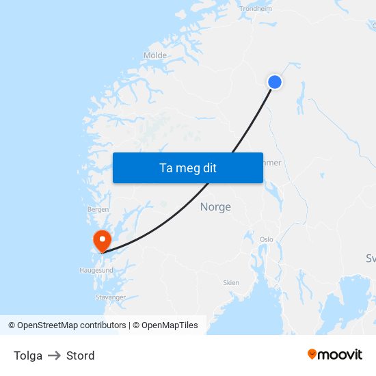 Tolga to Stord map