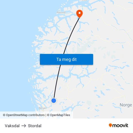 Vaksdal to Stordal map