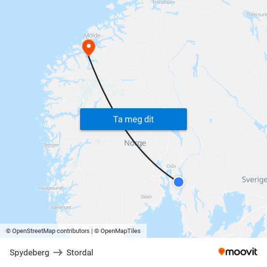 Spydeberg to Stordal map