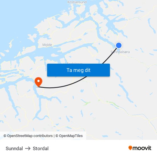 Sunndal to Stordal map