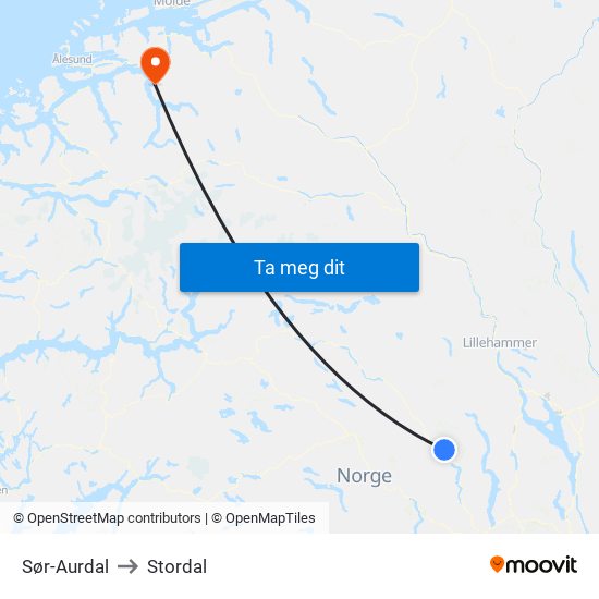 Sør-Aurdal to Stordal map