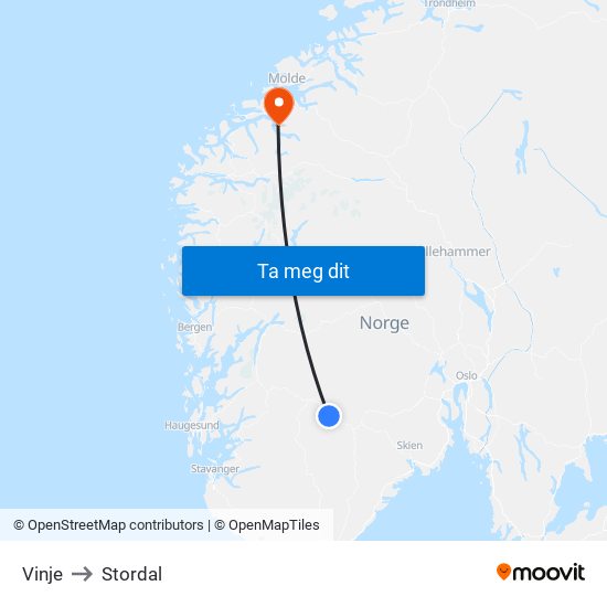 Vinje to Stordal map