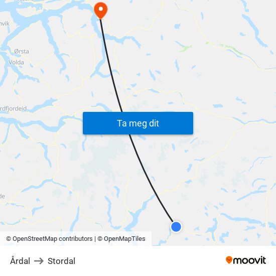 Årdal to Stordal map