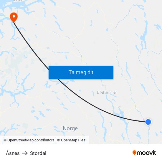 Åsnes to Stordal map