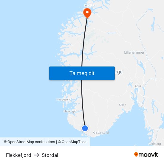 Flekkefjord to Stordal map