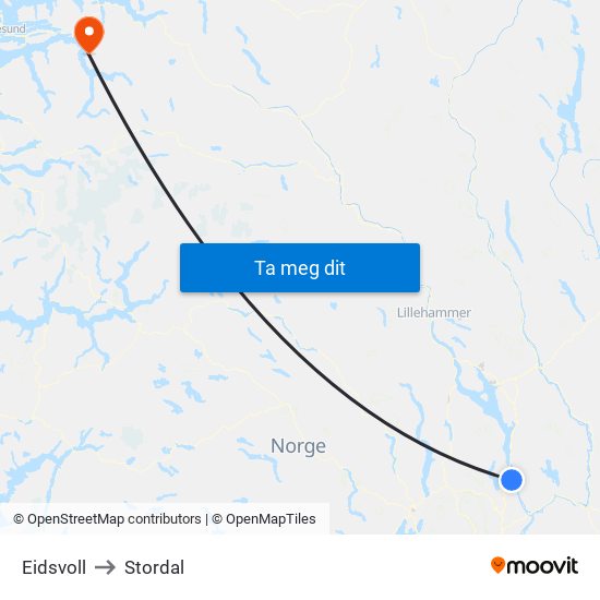 Eidsvoll to Stordal map