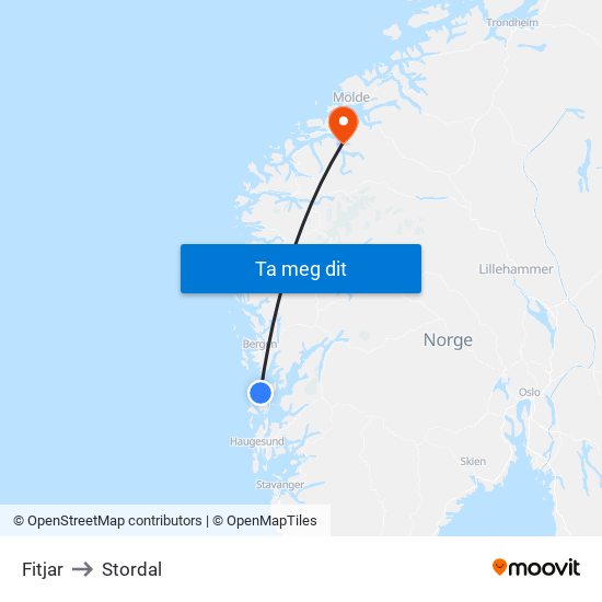 Fitjar to Stordal map