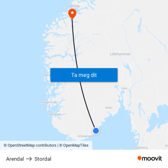 Arendal to Stordal map