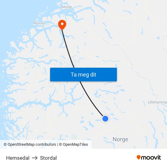 Hemsedal to Stordal map