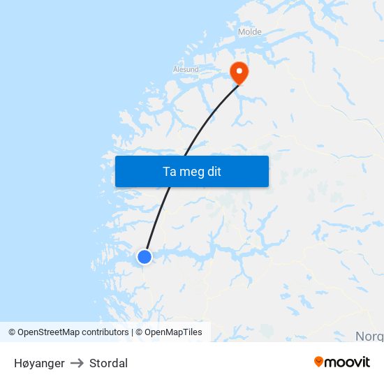 Høyanger to Stordal map