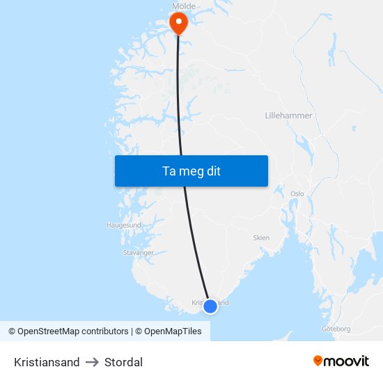 Kristiansand to Stordal map