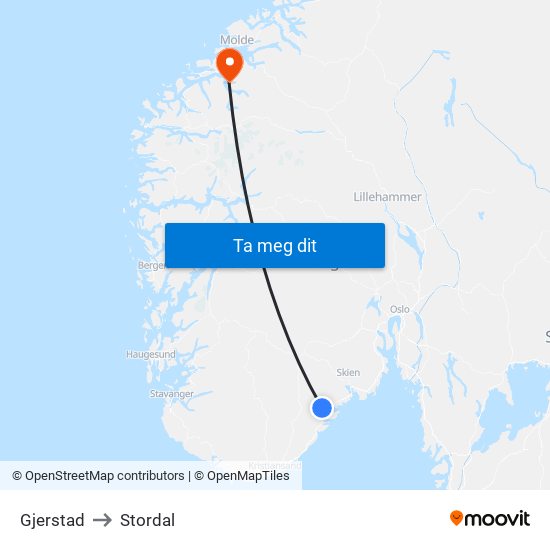 Gjerstad to Stordal map