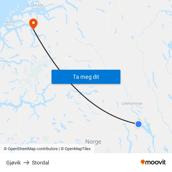 Gjøvik to Stordal map