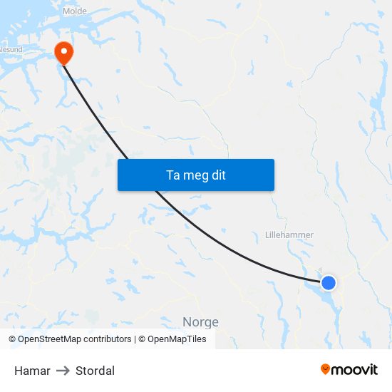Hamar to Stordal map