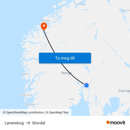 Lørenskog to Stordal map