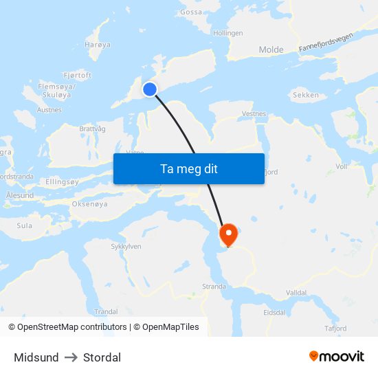 Midsund to Stordal map