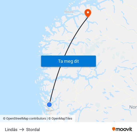 Lindås to Stordal map