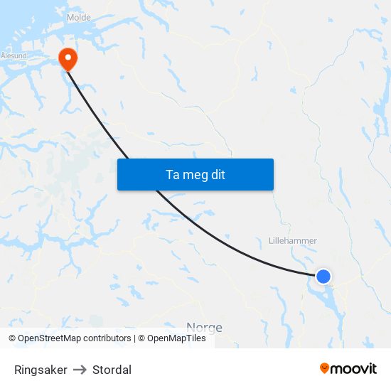 Ringsaker to Stordal map