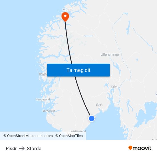 Risør to Stordal map