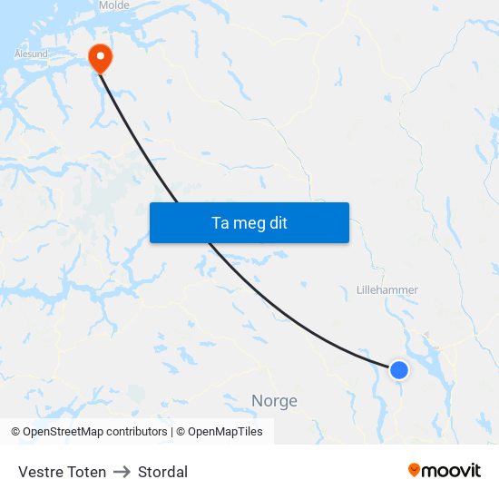 Vestre Toten to Stordal map