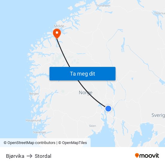 Bjørvika to Stordal map