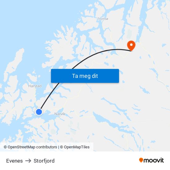 Evenes to Storfjord map