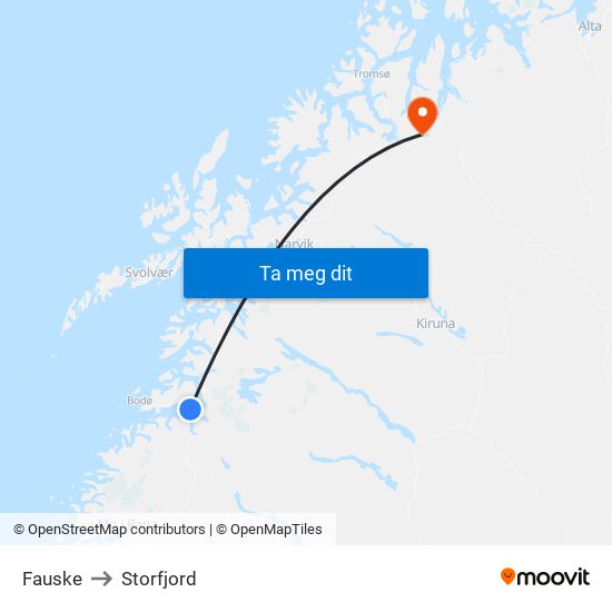 Fauske to Storfjord map