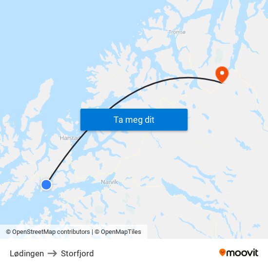 Lødingen to Storfjord map