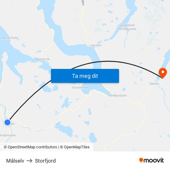 Målselv to Storfjord map