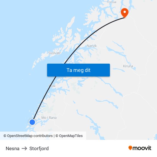 Nesna to Storfjord map