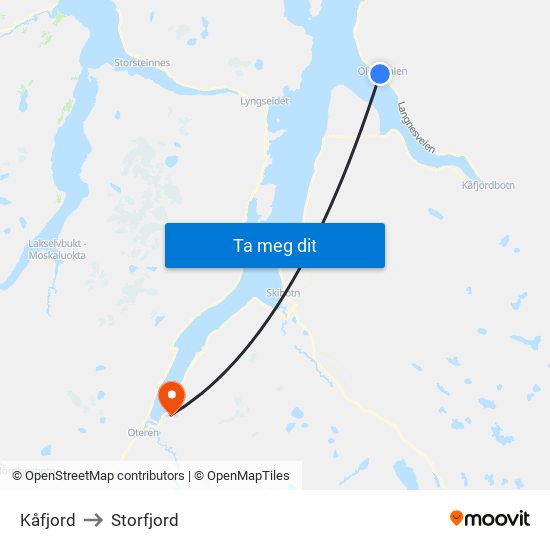 Kåfjord to Storfjord map