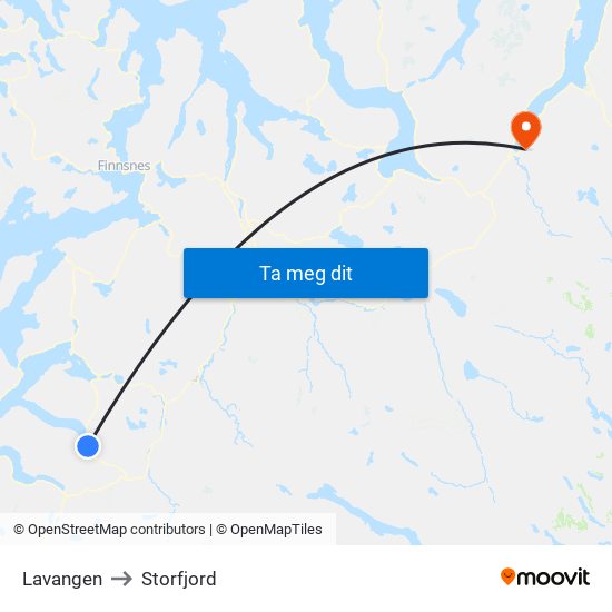 Lavangen to Storfjord map