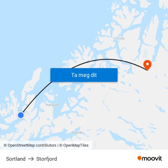 Sortland to Storfjord map