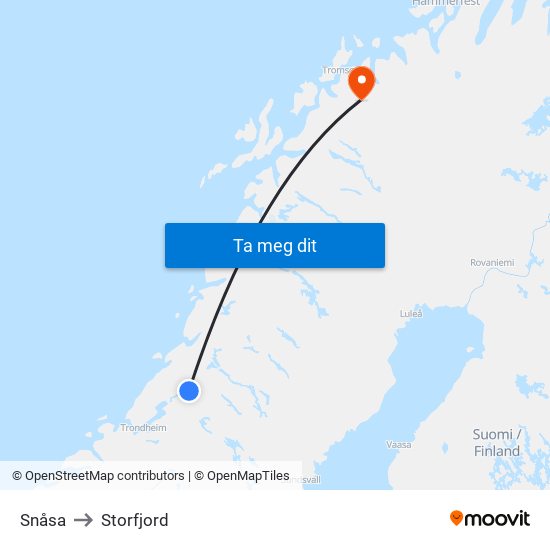 Snåsa to Storfjord map
