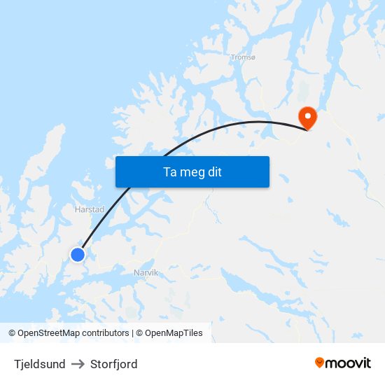 Tjeldsund to Storfjord map