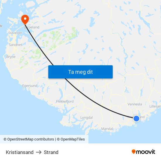 Kristiansand to Strand map