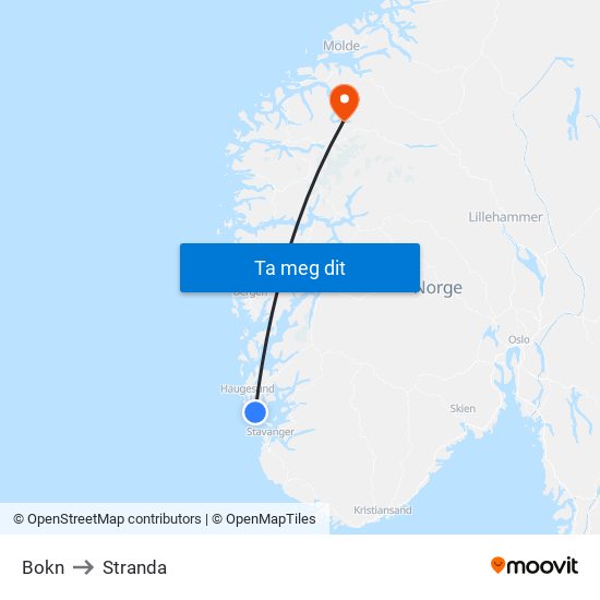 Bokn to Stranda map