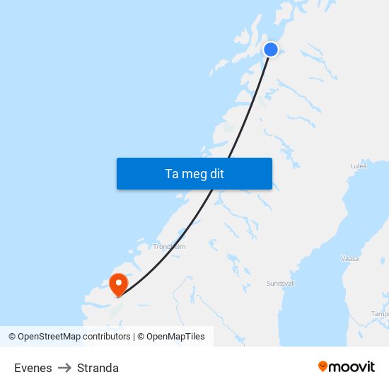 Evenes to Stranda map