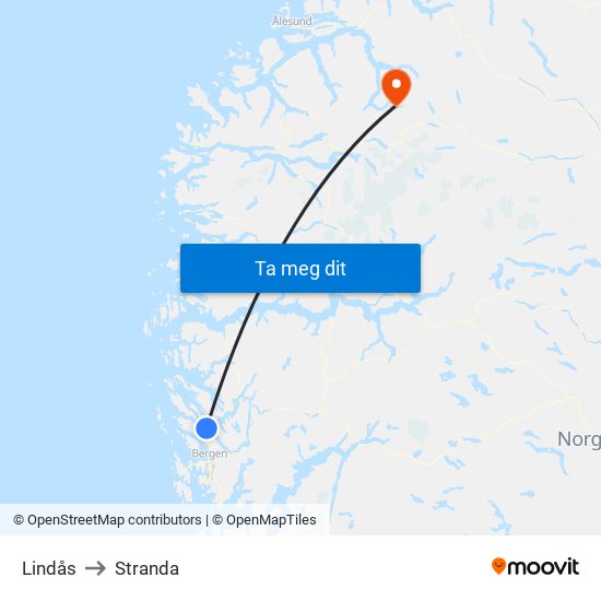 Lindås to Stranda map