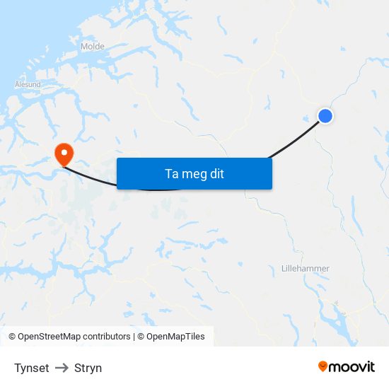 Tynset to Stryn map