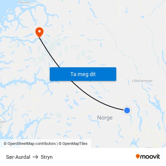 Sør-Aurdal to Stryn map