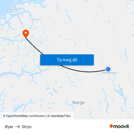 Øyer to Stryn map