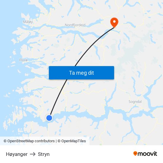 Høyanger to Stryn map