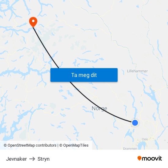 Jevnaker to Stryn map