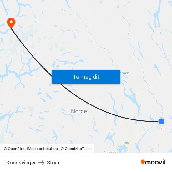Kongsvinger to Stryn map