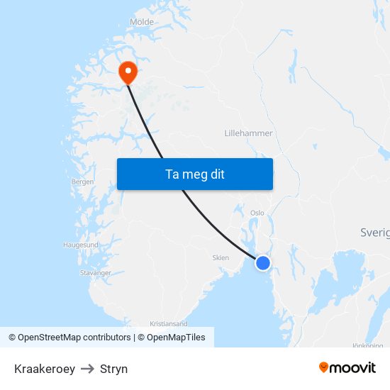 Kraakeroey to Stryn map