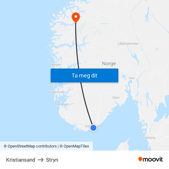 Kristiansand to Stryn map