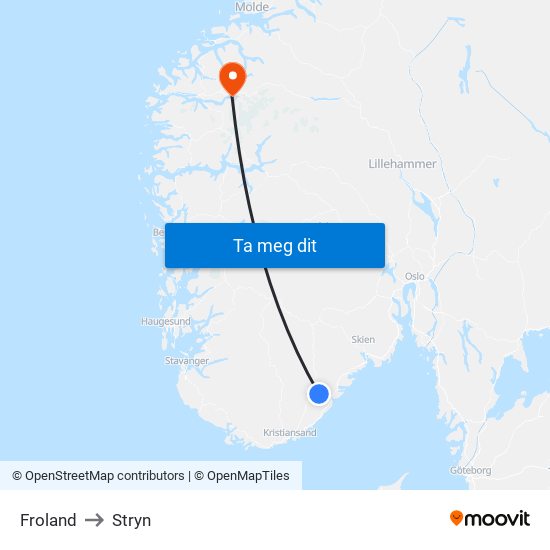 Froland to Stryn map