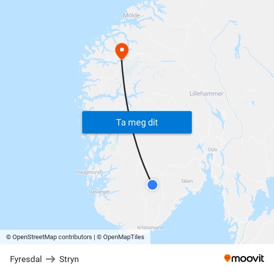 Fyresdal to Stryn map