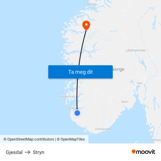 Gjesdal to Stryn map